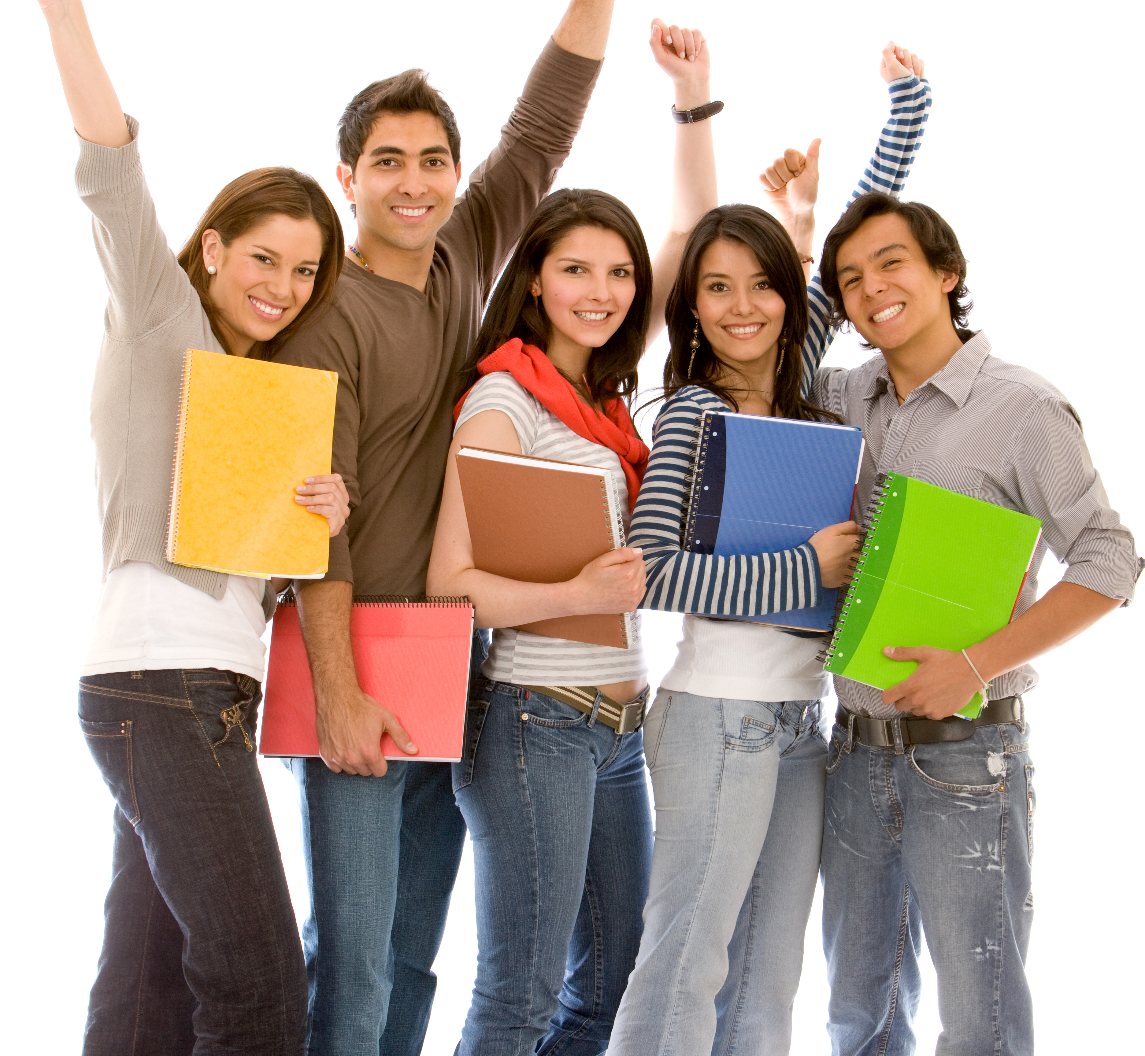 5 high school students with notebooks raising their hands